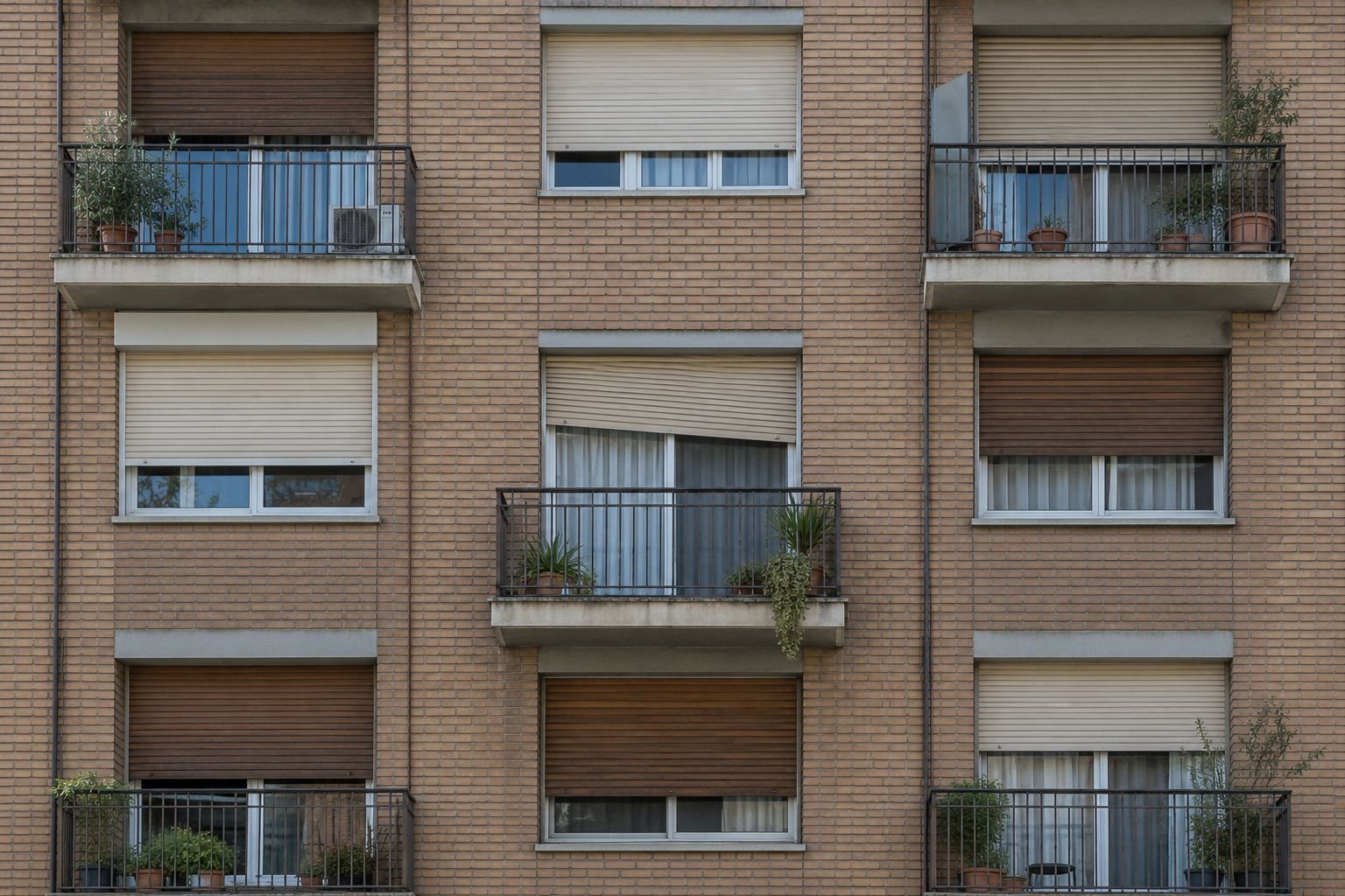 Bloque de pisos de los años setenta en Santa Coloma de Gramenet con persianas de lamas